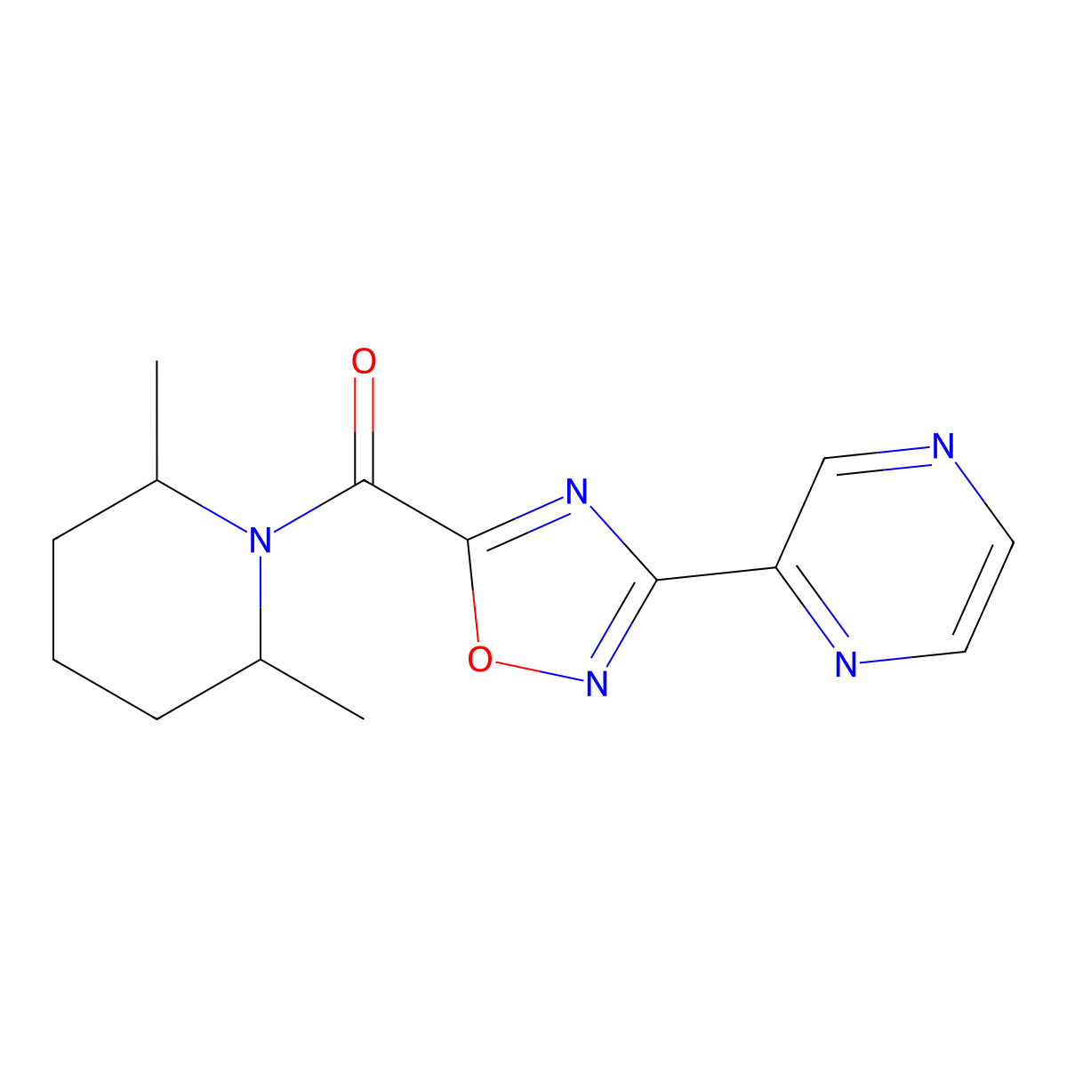 (2,6-Dimethylpiperidin-1-yl)(3-(pyrazin-2-yl)-1,2,4-oxadiazol-5-yl)methanone molecular structure, CAS 1234786-11-8