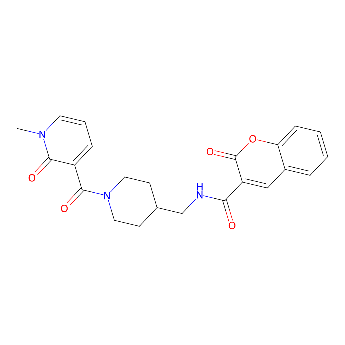 N-((1-(1-methyl-2-oxo-1,2-dihydropyridine-3-carbonyl)piperidin-4-yl)methyl)-2-oxo-2H-chromene-3-carboxamide molecular structure, CAS 1234794-29-6