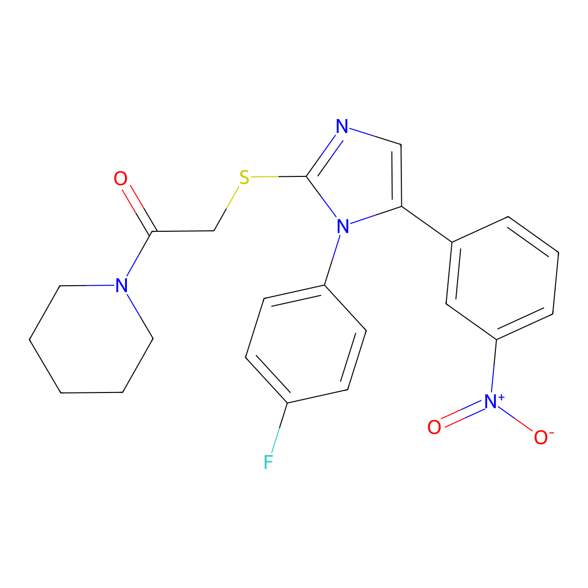 2-((1-(4-fluorophenyl)-5-(3-nitrophenyl)-1H-imidazol-2-yl)thio)-1-(piperidin-1-yl)ethanone molecular structure, CAS 1234795-88-0