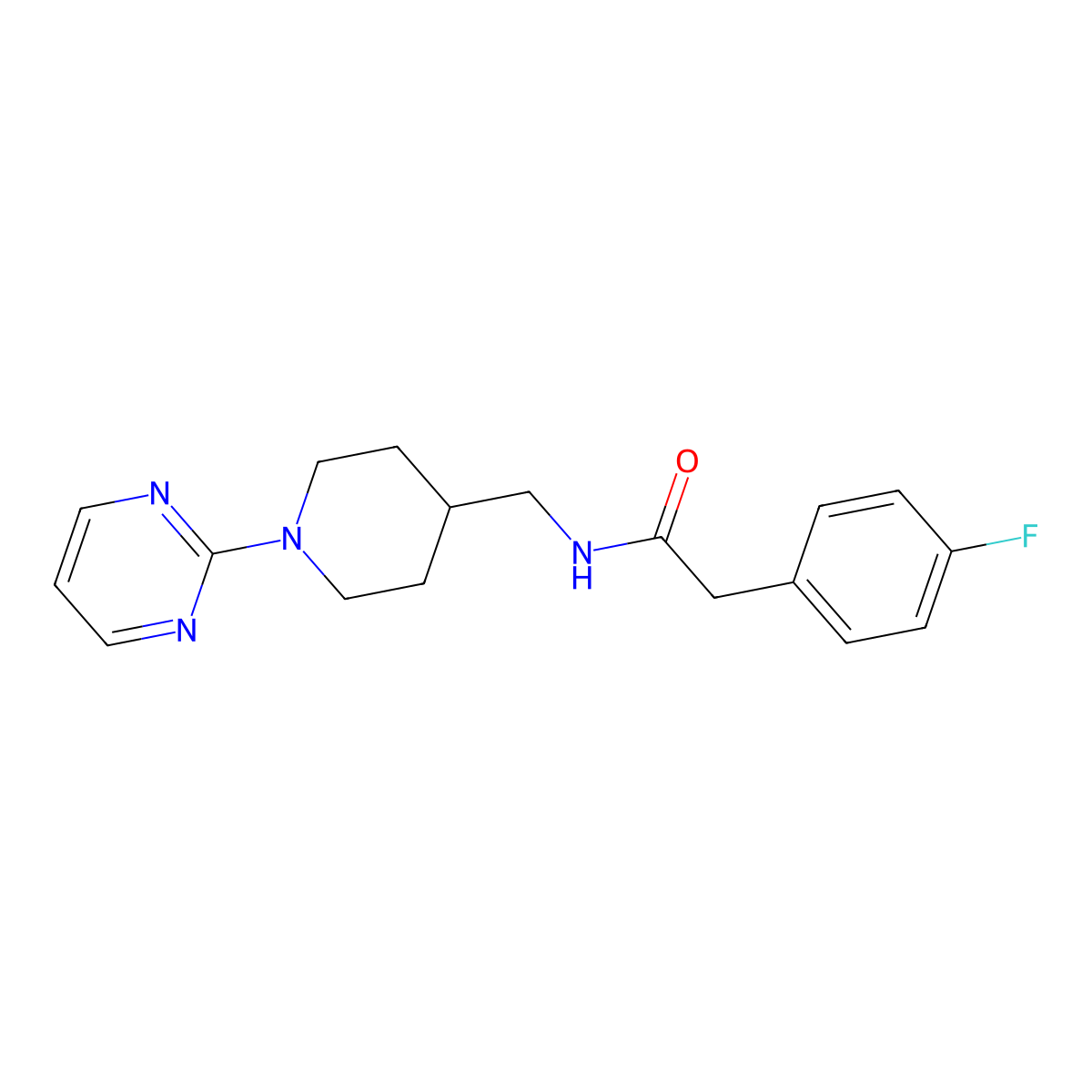 2-(4-fluorophenyl)-N-{[1-(pyrimidin-2-yl)piperidin-4-yl]methyl}acetamide molecular structure, CAS 1234800-66-8