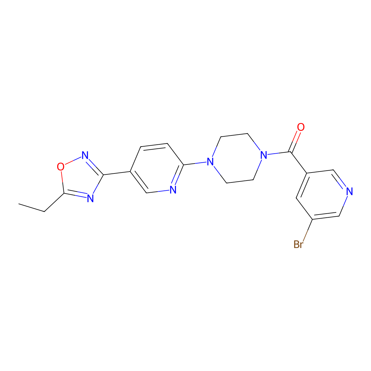(5-Bromopyridin-3-yl)(4-(5-(5-ethyl-1,2,4-oxadiazol-3-yl)pyridin-2-yl)piperazin-1-yl)methanone molecular structure, CAS 1234803-69-0