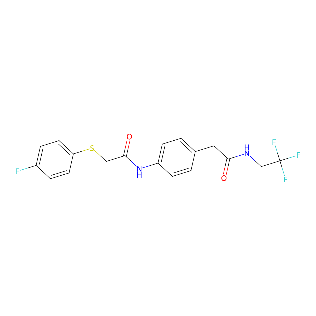 2-((4-fluorophenyl)thio)-N-(4-(2-oxo-2-((2,2,2-trifluoroethyl)amino)ethyl)phenyl)acetamide molecular structure, CAS 1234805-34-5