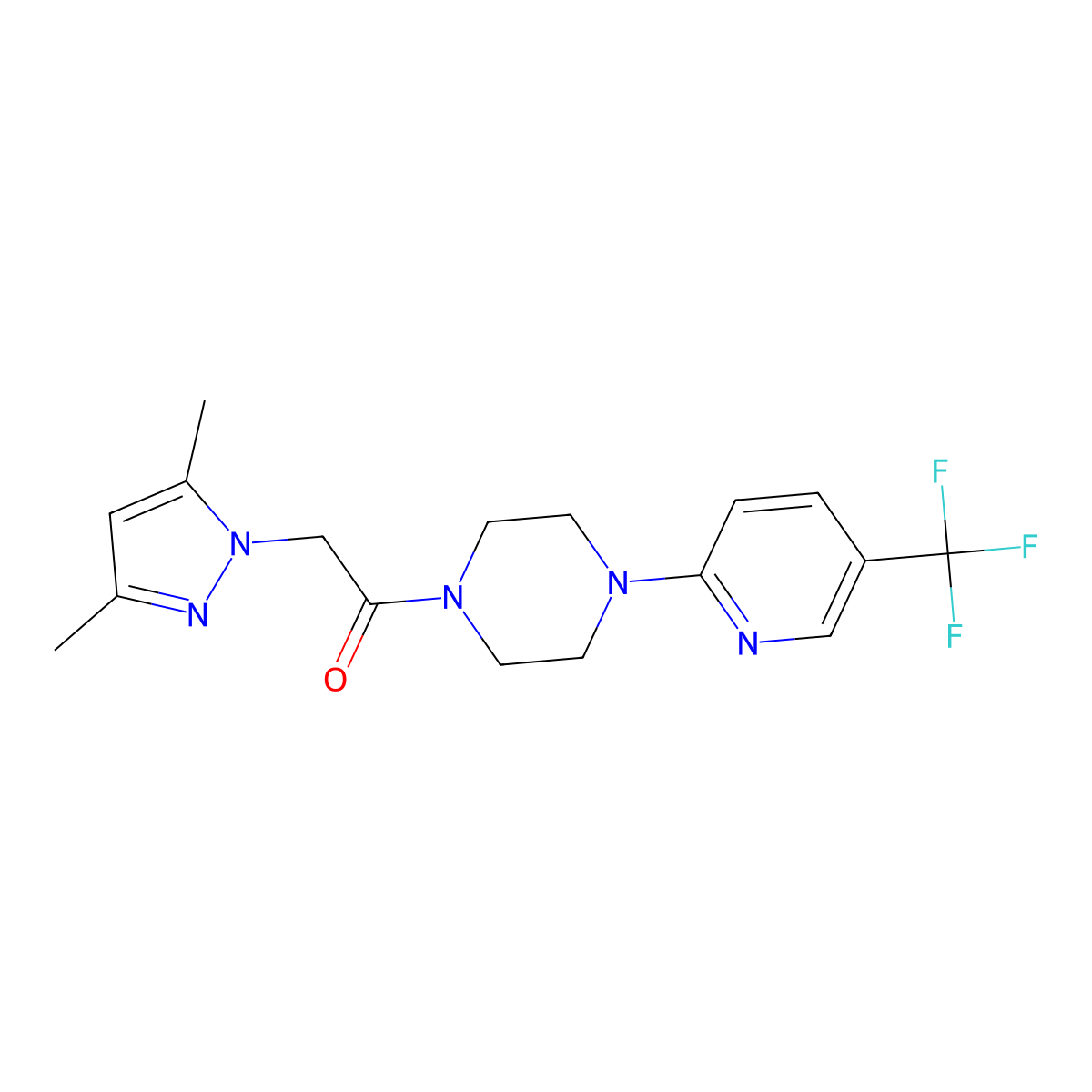 2-(3,5-dimethyl-1H-pyrazol-1-yl)-1-{4-[5-(trifluoromethyl)pyridin-2-yl]piperazin-1-yl}ethan-1-one molecular structure, CAS 1234807-76-1