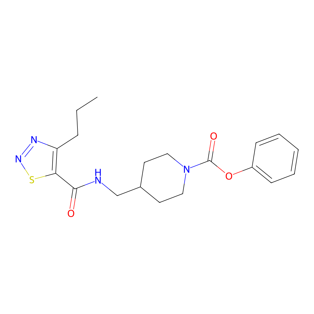 Phenyl 4-((4-propyl-1,2,3-thiadiazole-5-carboxamido)methyl)piperidine-1-carboxylate molecular structure, CAS 1234808-47-9