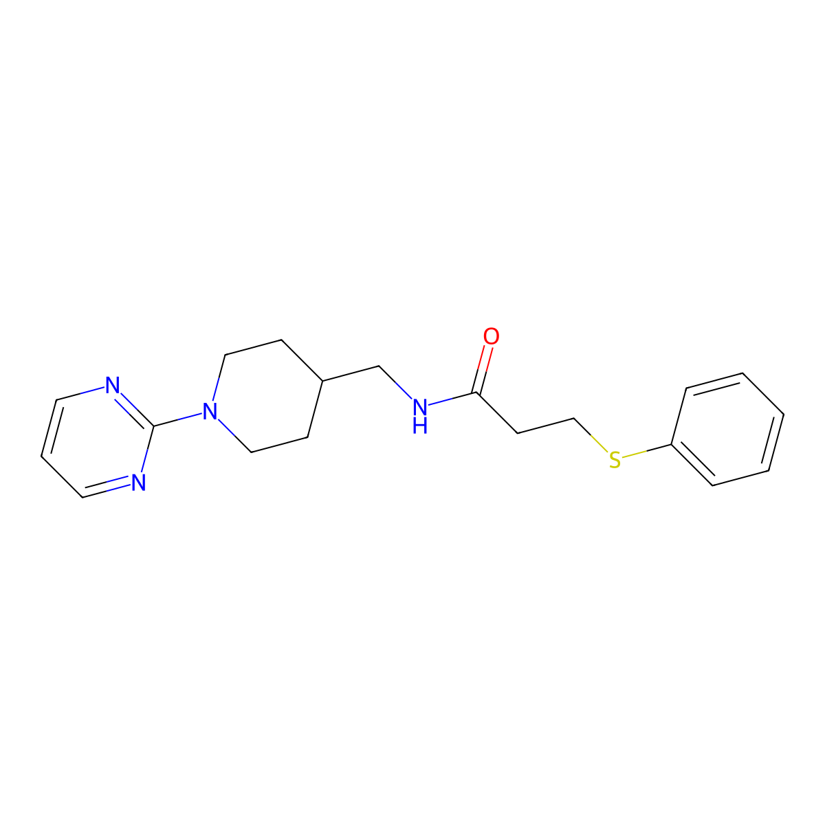 3-(phenylthio)-N-((1-(pyrimidin-2-yl)piperidin-4-yl)methyl)propanamide molecular structure, CAS 1234809-68-7