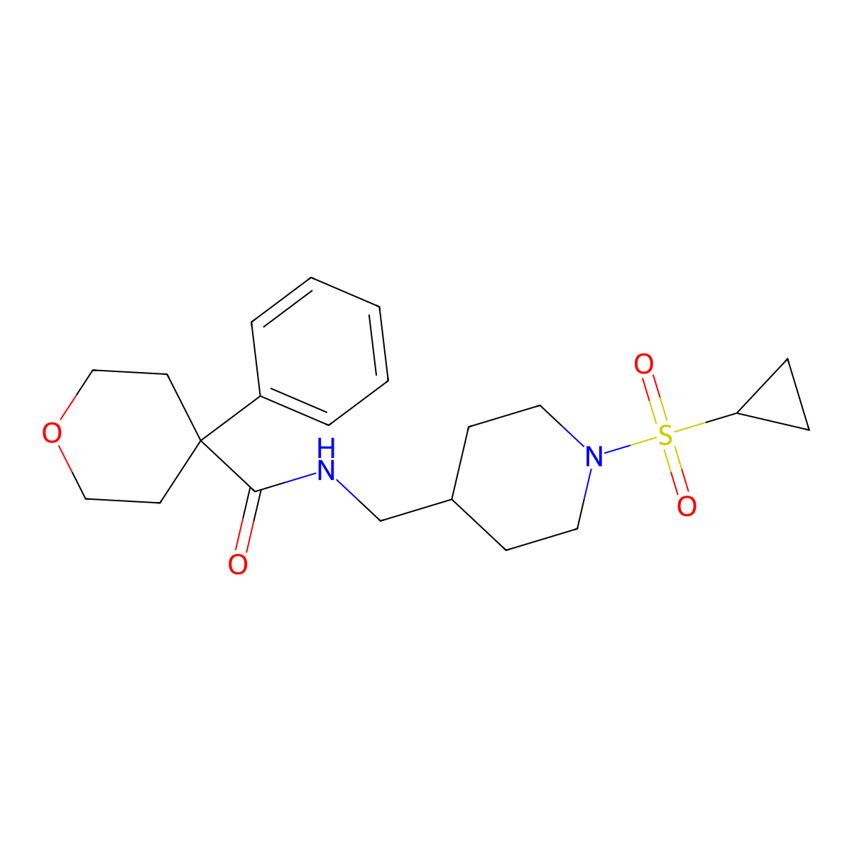 N-((1-(cyclopropylsulfonyl)piperidin-4-yl)methyl)-4-phenyltetrahydro-2H-pyran-4-carboxamide molecular structure, CAS 1234811-80-3