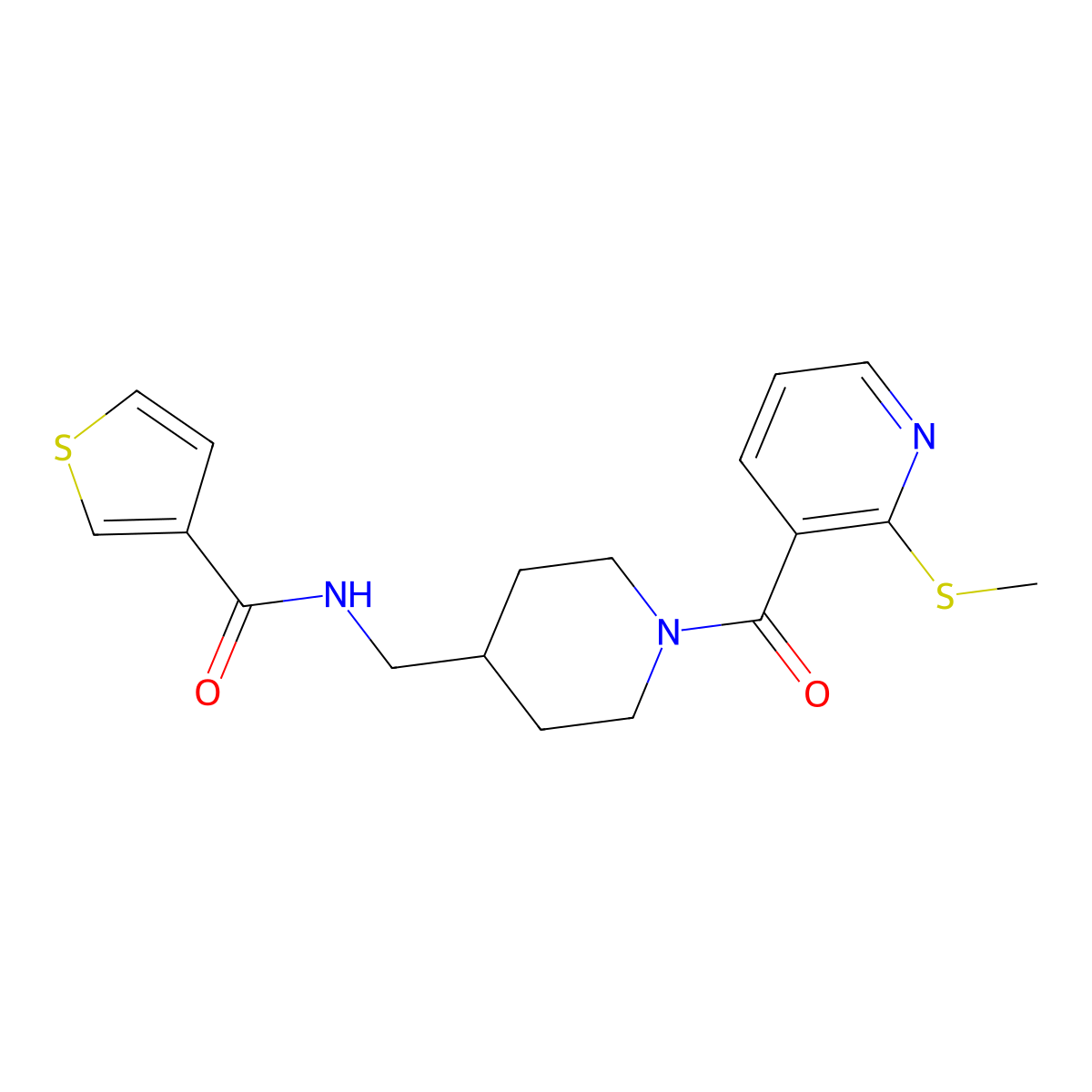 N-((1-(2-(methylthio)nicotinoyl)piperidin-4-yl)methyl)thiophene-3-carboxamide molecular structure, CAS 1234813-24-1