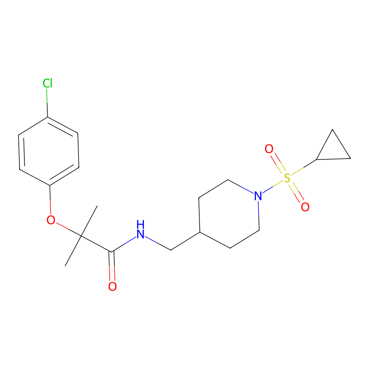 2-(4-chlorophenoxy)-N-((1-(cyclopropylsulfonyl)piperidin-4-yl)methyl)-2-methylpropanamide molecular structure, CAS 1234813-25-2