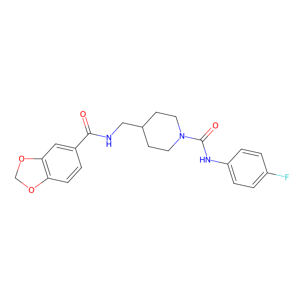 4-((benzo[d][1,3]dioxole-5-carboxamido)methyl)-N-(4-fluorophenyl)piperidine-1-carboxamide molecular structure, CAS 1234813-49-0