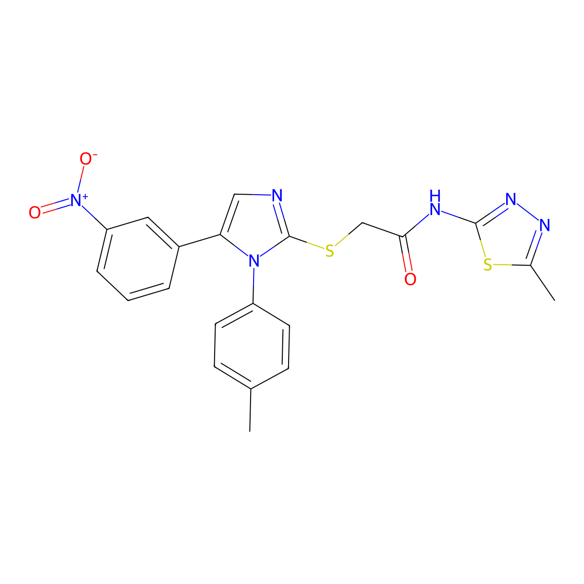 N-(5-methyl-1,3,4-thiadiazol-2-yl)-2-((5-(3-nitrophenyl)-1-(p-tolyl)-1H-imidazol-2-yl)thio)acetamide molecular structure, CAS 1234817-77-6