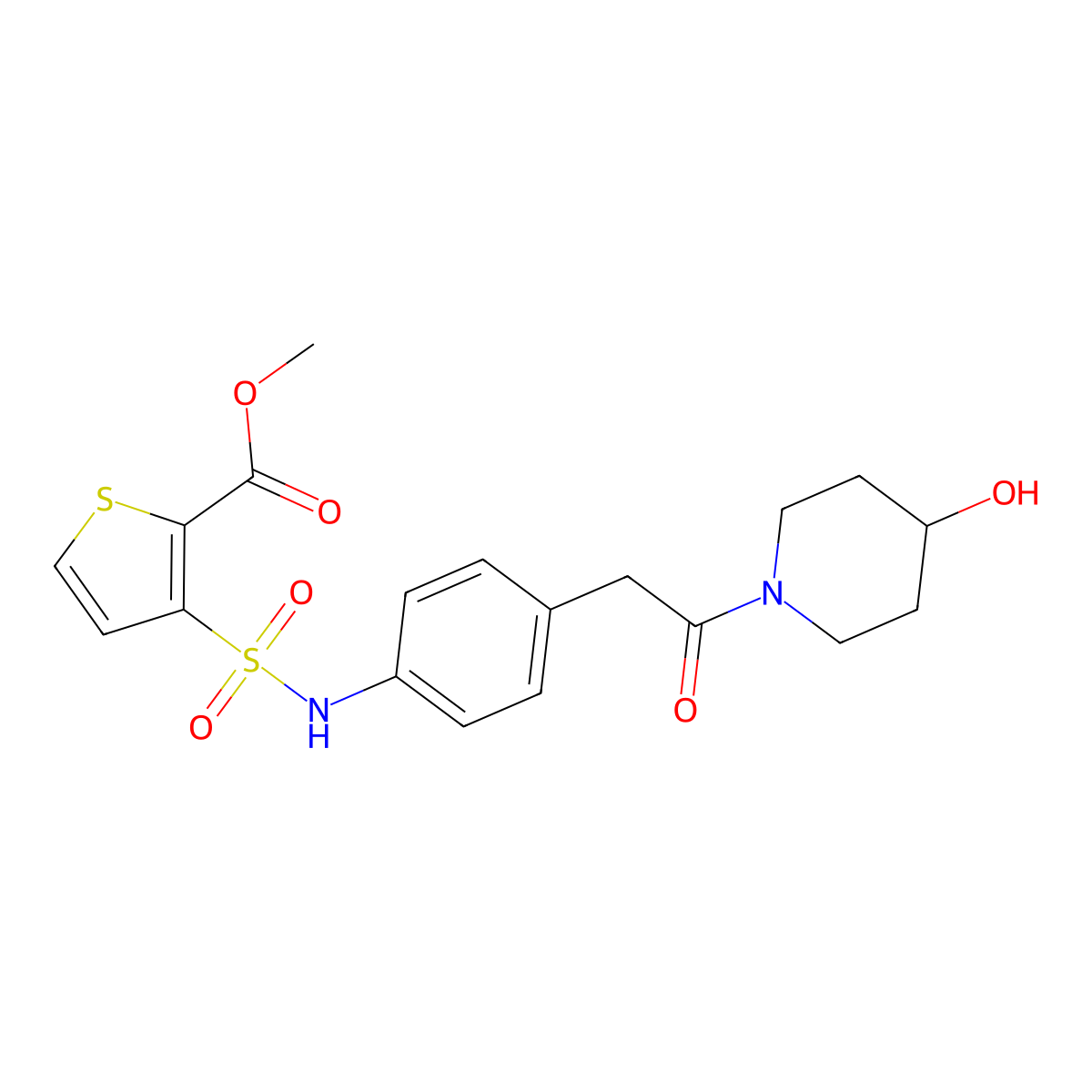 methyl 3-(N-(4-(2-(4-hydroxypiperidin-1-yl)-2-oxoethyl)phenyl)sulfamoyl)thiophene-2-carboxylate molecular structure, CAS 1234834-53-7