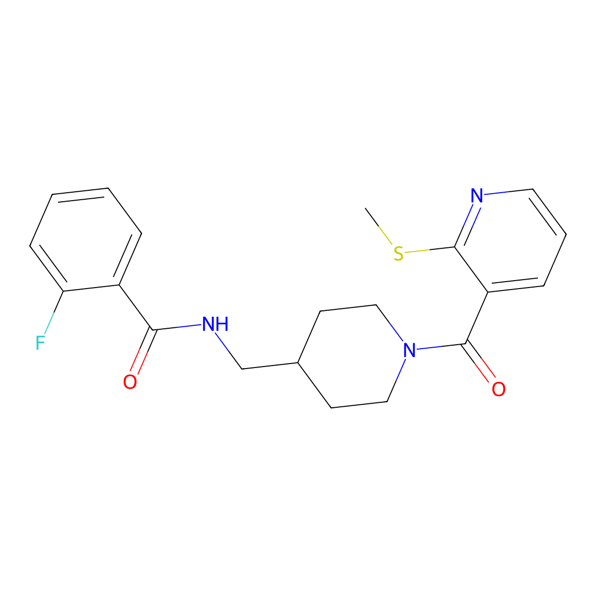 2-fluoro-N-((1-(2-(methylthio)nicotinoyl)piperidin-4-yl)methyl)benzamide molecular structure, CAS 1234835-25-6