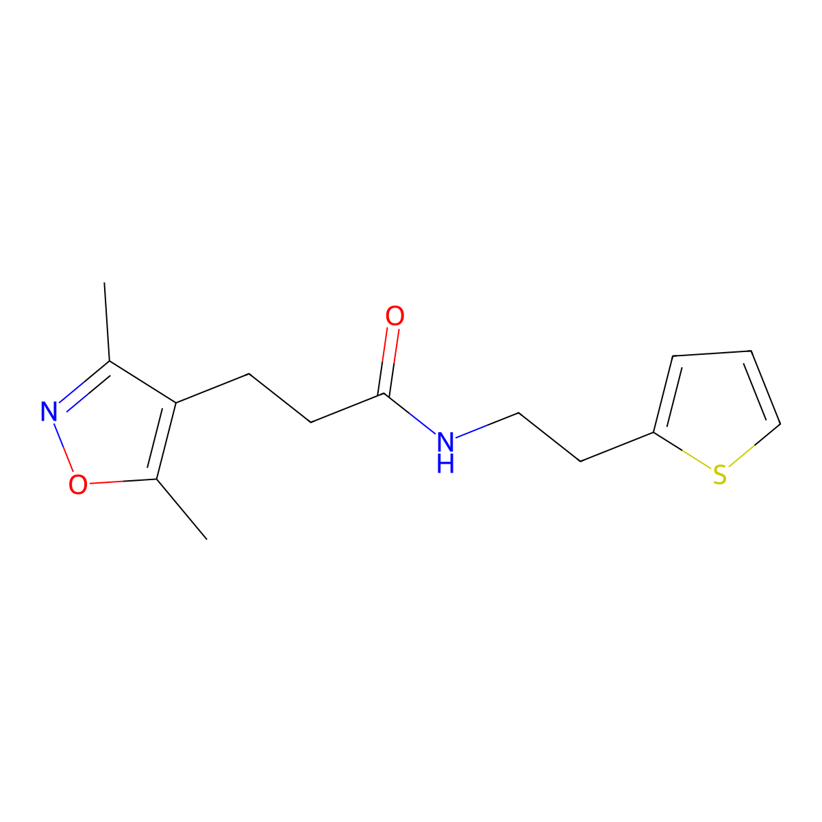 3-(3,5-dimethylisoxazol-4-yl)-N-(2-(thiophen-2-yl)ethyl)propanamide molecular structure, CAS 1234838-80-2