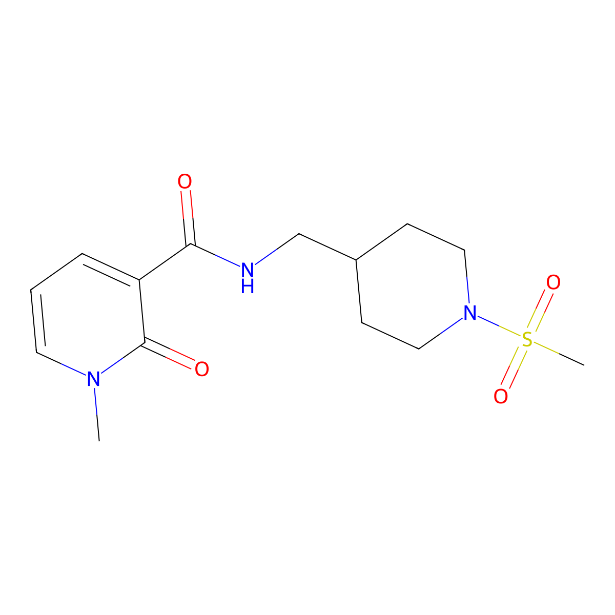 1-methyl-N-((1-(methylsulfonyl)piperidin-4-yl)methyl)-2-oxo-1,2-dihydropyridine-3-carboxamide molecular structure, CAS 1234850-84-0