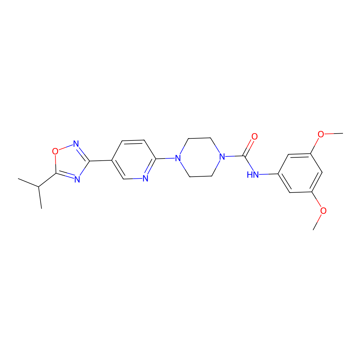 N-(3,5-dimethoxyphenyl)-4-(5-(5-isopropyl-1,2,4-oxadiazol-3-yl)pyridin-2-yl)piperazine-1-carboxamide molecular structure, CAS 1234851-08-1