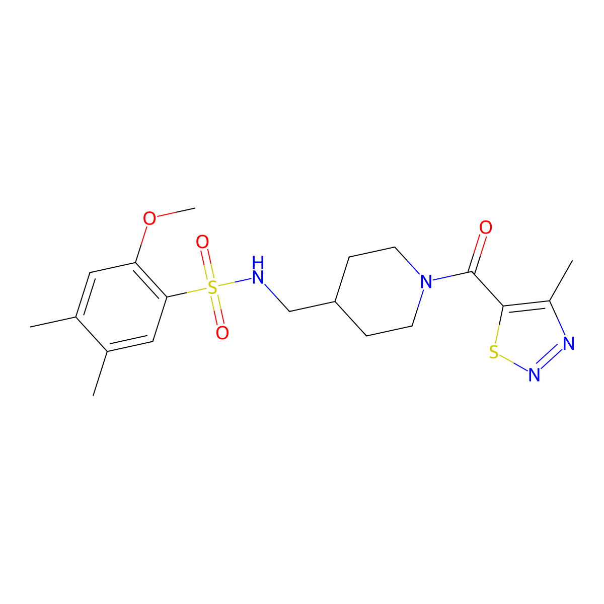 2-methoxy-4,5-dimethyl-N-{[1-(4-methyl-1,2,3-thiadiazole-5-carbonyl)piperidin-4-yl]methyl}benzene-1-sulfonamide molecular structure, CAS 1234851-17-2
