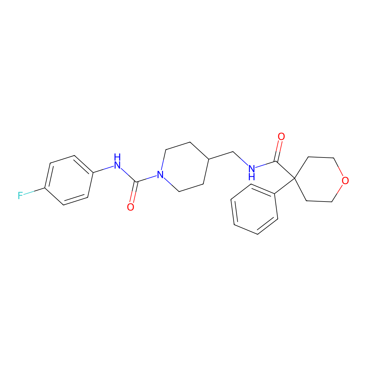 N-(4-fluorophenyl)-4-((4-phenyltetrahydro-2H-pyran-4-carboxamido)methyl)piperidine-1-carboxamide molecular structure, CAS 1234853-20-3