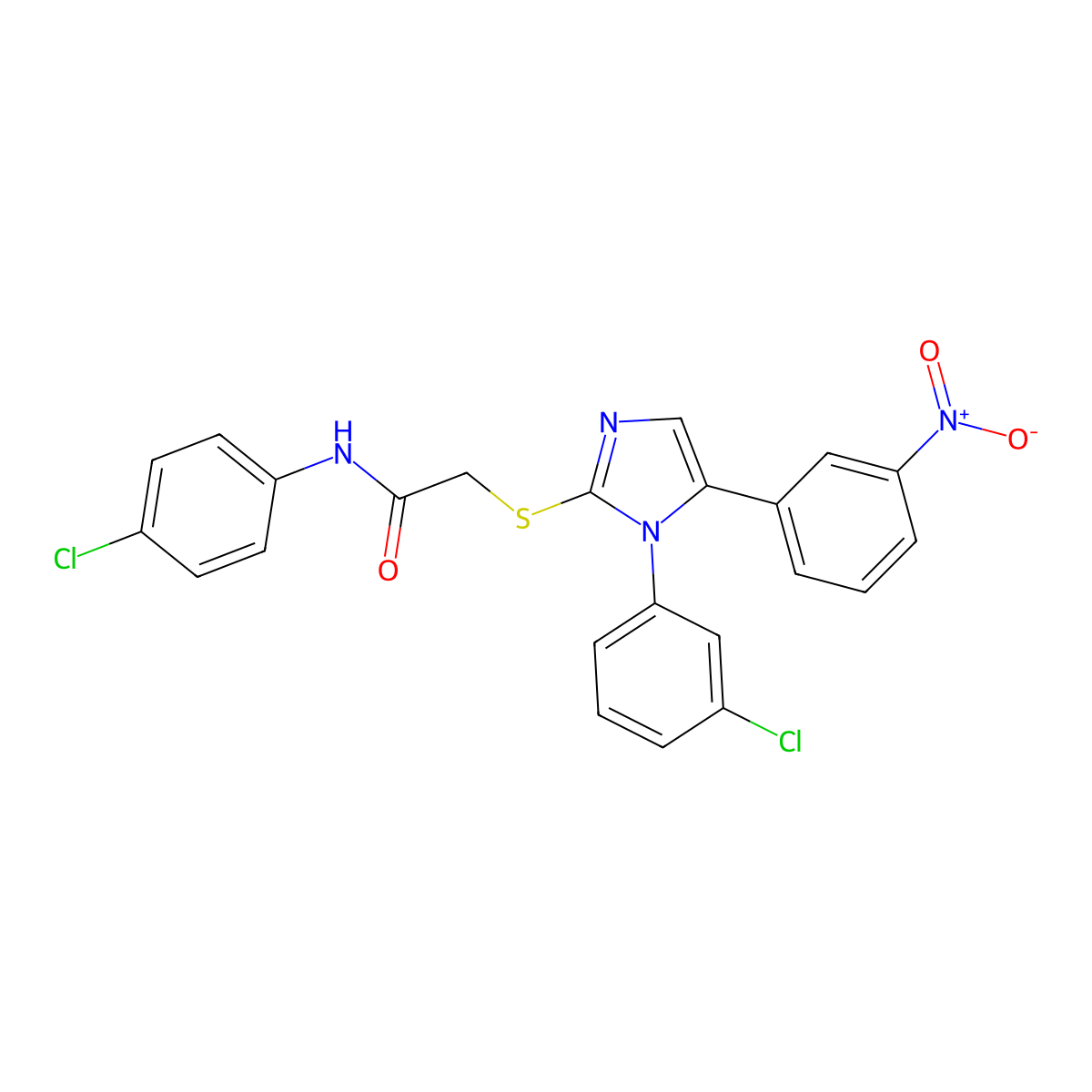 N-(4-chlorophenyl)-2-((1-(3-chlorophenyl)-5-(3-nitrophenyl)-1H-imidazol-2-yl)thio)acetamide molecular structure, CAS 1234854-06-8
