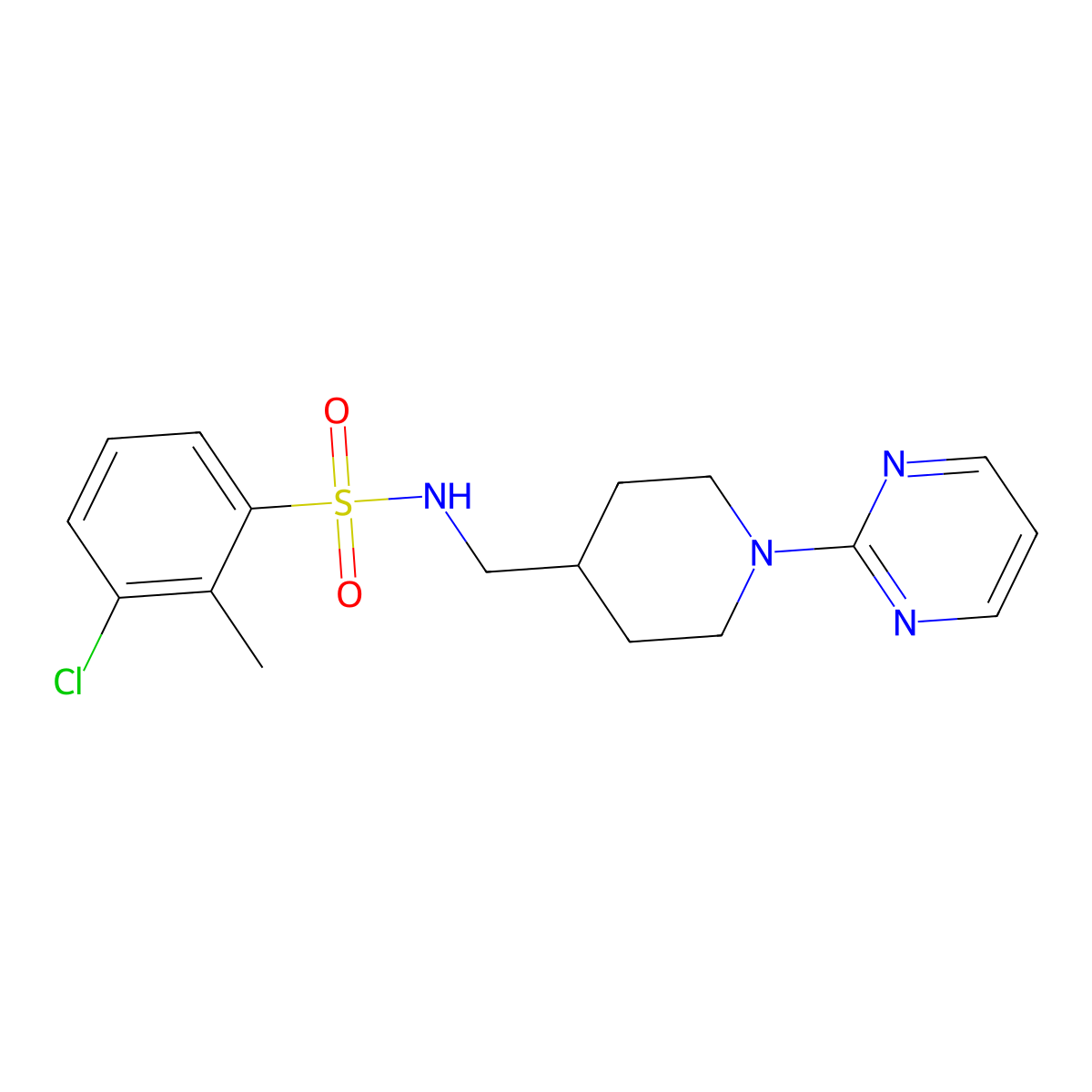 3-chloro-2-methyl-N-((1-(pyrimidin-2-yl)piperidin-4-yl)methyl)benzenesulfonamide molecular structure, CAS 1234862-07-7