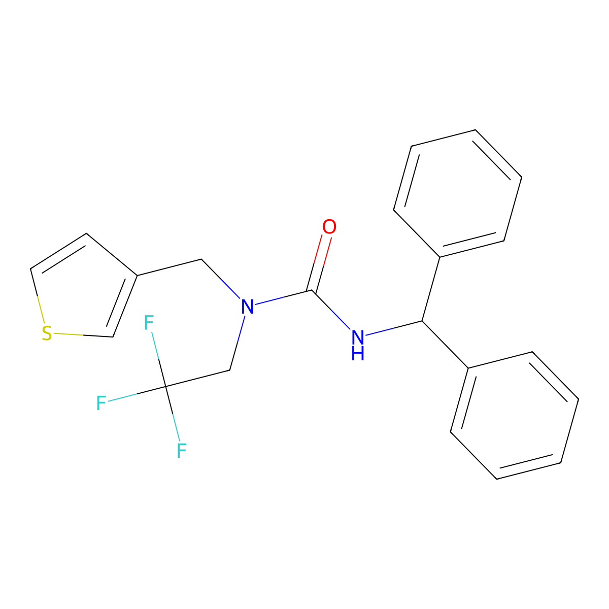3-Benzhydryl-1-(thiophen-3-ylmethyl)-1-(2,2,2-trifluoroethyl)urea molecular structure, CAS 1234866-91-1
