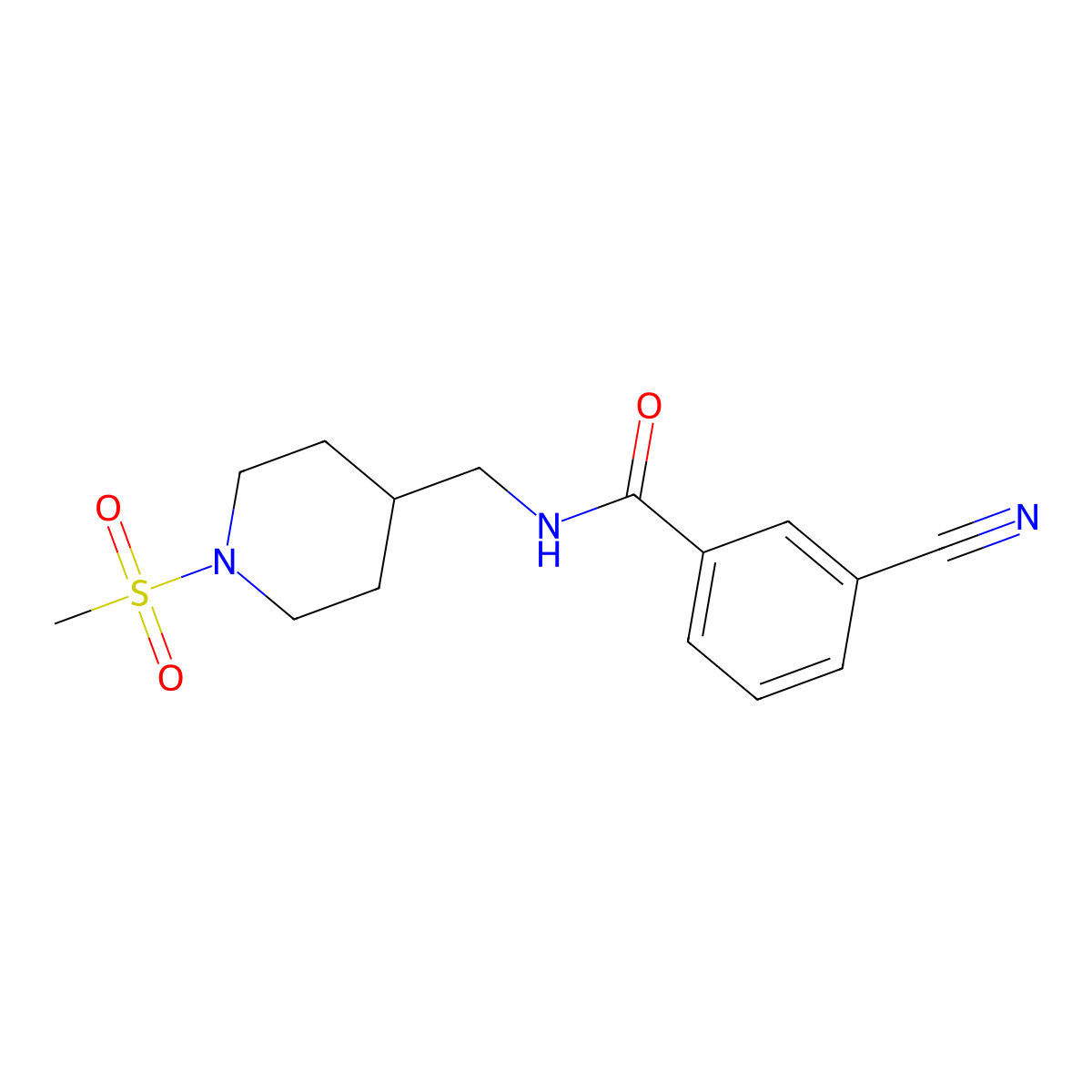3-cyano-N-((1-(methylsulfonyl)piperidin-4-yl)methyl)benzamide molecular structure, CAS 1234867-17-4