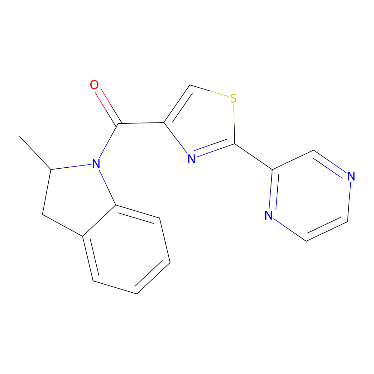 (2-Methylindolin-1-yl)(2-(pyrazin-2-yl)thiazol-4-yl)methanone molecular structure, CAS 1234867-69-6