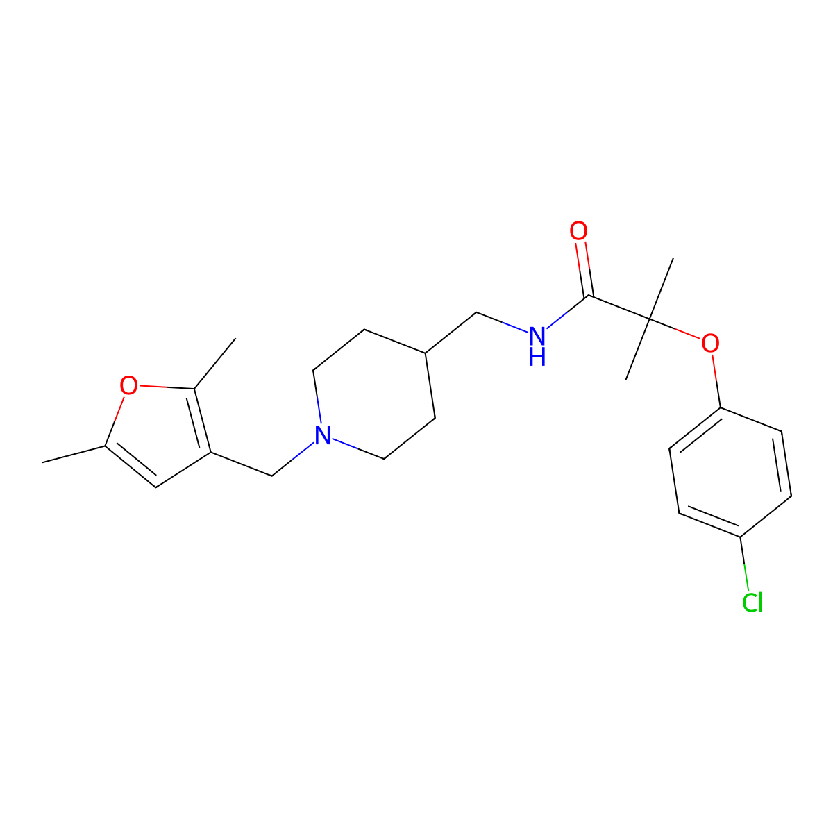 2-(4-chlorophenoxy)-N-((1-((2,5-dimethylfuran-3-yl)methyl)piperidin-4-yl)methyl)-2-methylpropanamide molecular structure, CAS 1234874-99-7