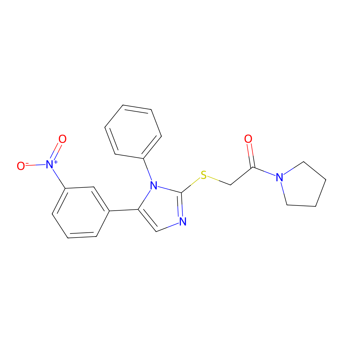 2-((5-(3-nitrophenyl)-1-phenyl-1H-imidazol-2-yl)thio)-1-(pyrrolidin-1-yl)ethanone molecular structure, CAS 1234875-47-8