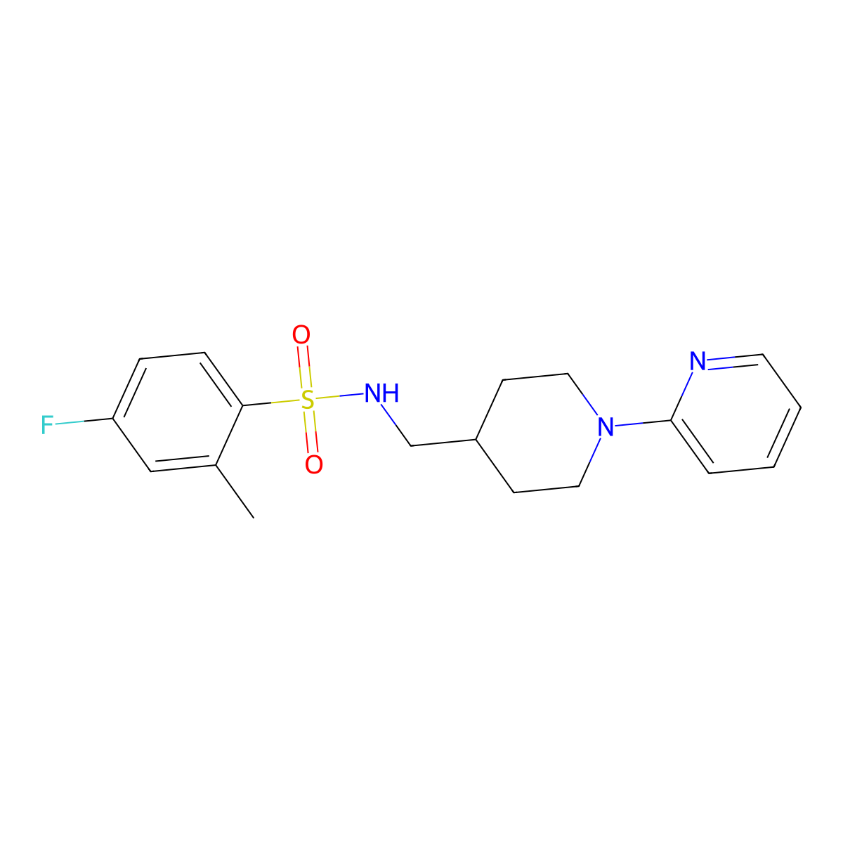 4-fluoro-2-methyl-N-((1-(pyridin-2-yl)piperidin-4-yl)methyl)benzenesulfonamide molecular structure, CAS 1234876-18-6