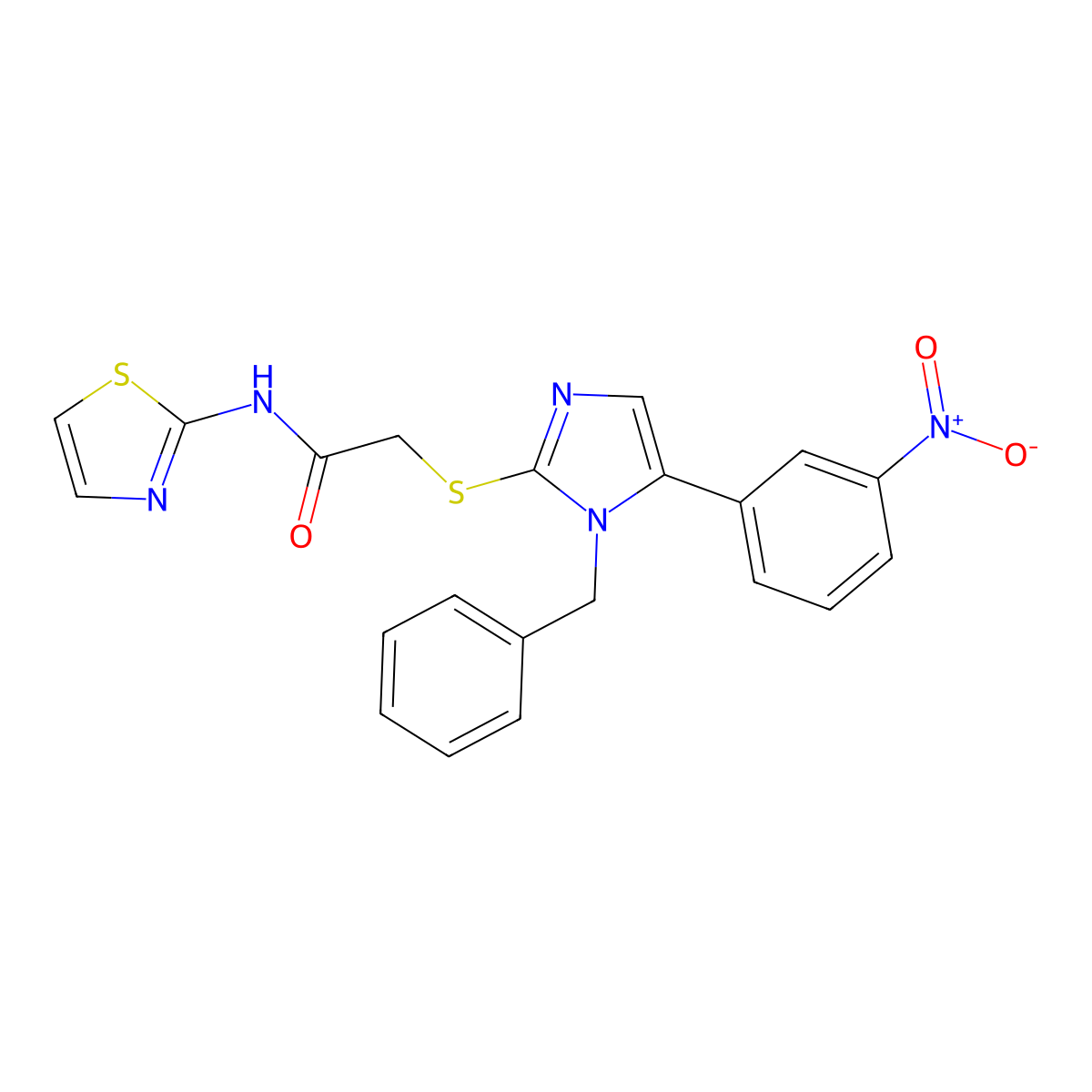 2-((1-benzyl-5-(3-nitrophenyl)-1H-imidazol-2-yl)thio)-N-(thiazol-2-yl)acetamide molecular structure, CAS 1234882-44-0