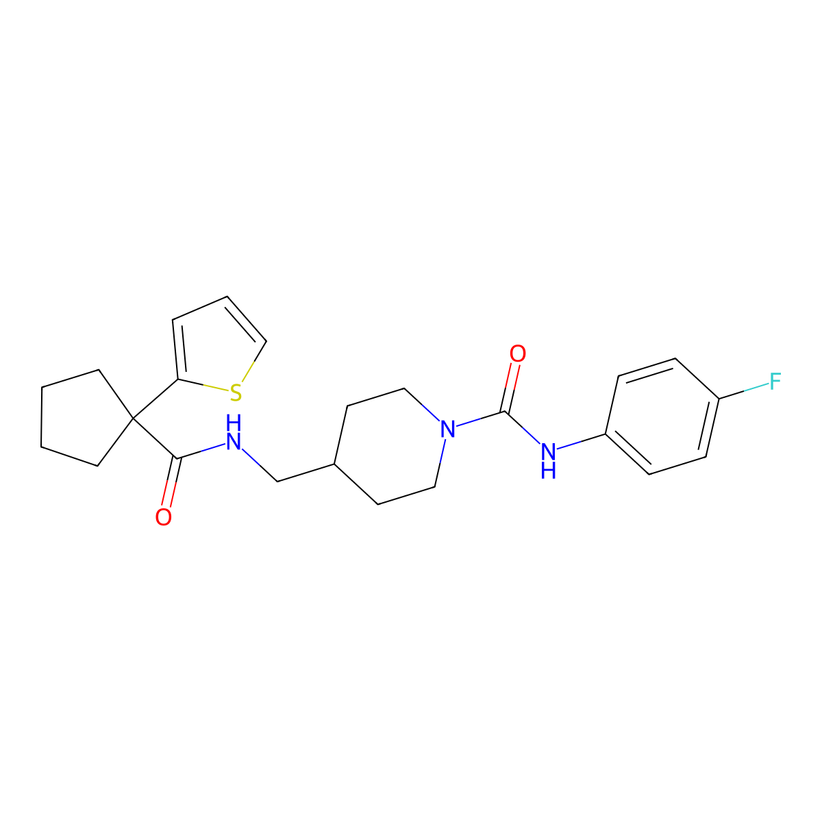 N-(4-fluorophenyl)-4-((1-(thiophen-2-yl)cyclopentanecarboxamido)methyl)piperidine-1-carboxamide molecular structure, CAS 1234883-28-3