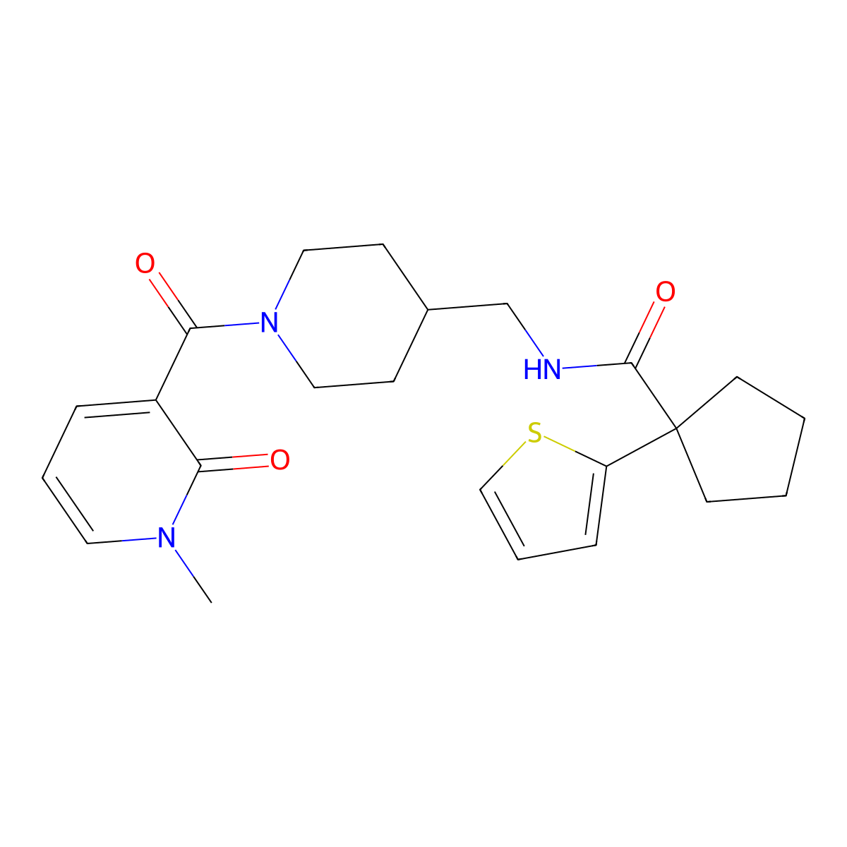 N-((1-(1-methyl-2-oxo-1,2-dihydropyridine-3-carbonyl)piperidin-4-yl)methyl)-1-(thiophen-2-yl)cyclopentanecarboxamide molecular structure, CAS 1234885-75-6