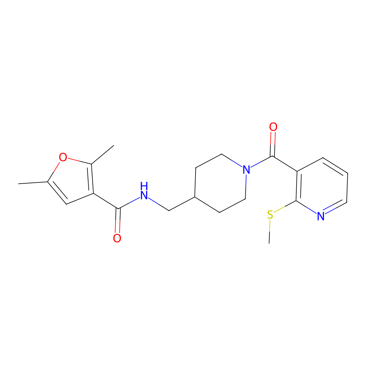 2,5-dimethyl-N-((1-(2-(methylthio)nicotinoyl)piperidin-4-yl)methyl)furan-3-carboxamide molecular structure, CAS 1234887-02-5