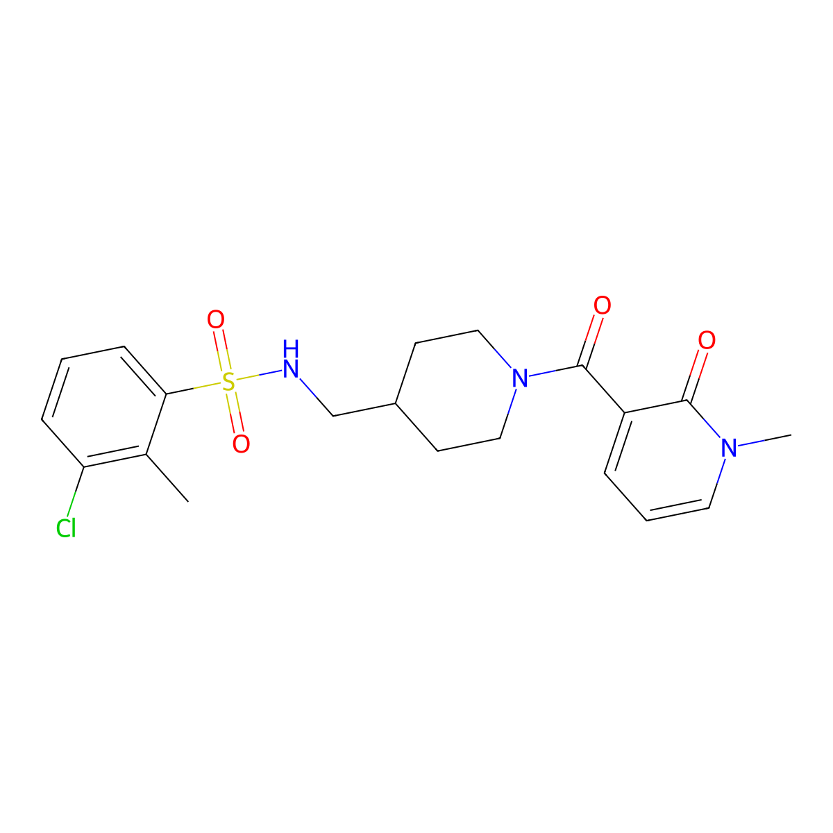 3-chloro-2-methyl-N-((1-(1-methyl-2-oxo-1,2-dihydropyridine-3-carbonyl)piperidin-4-yl)methyl)benzenesulfonamide molecular structure, CAS 1234887-03-6