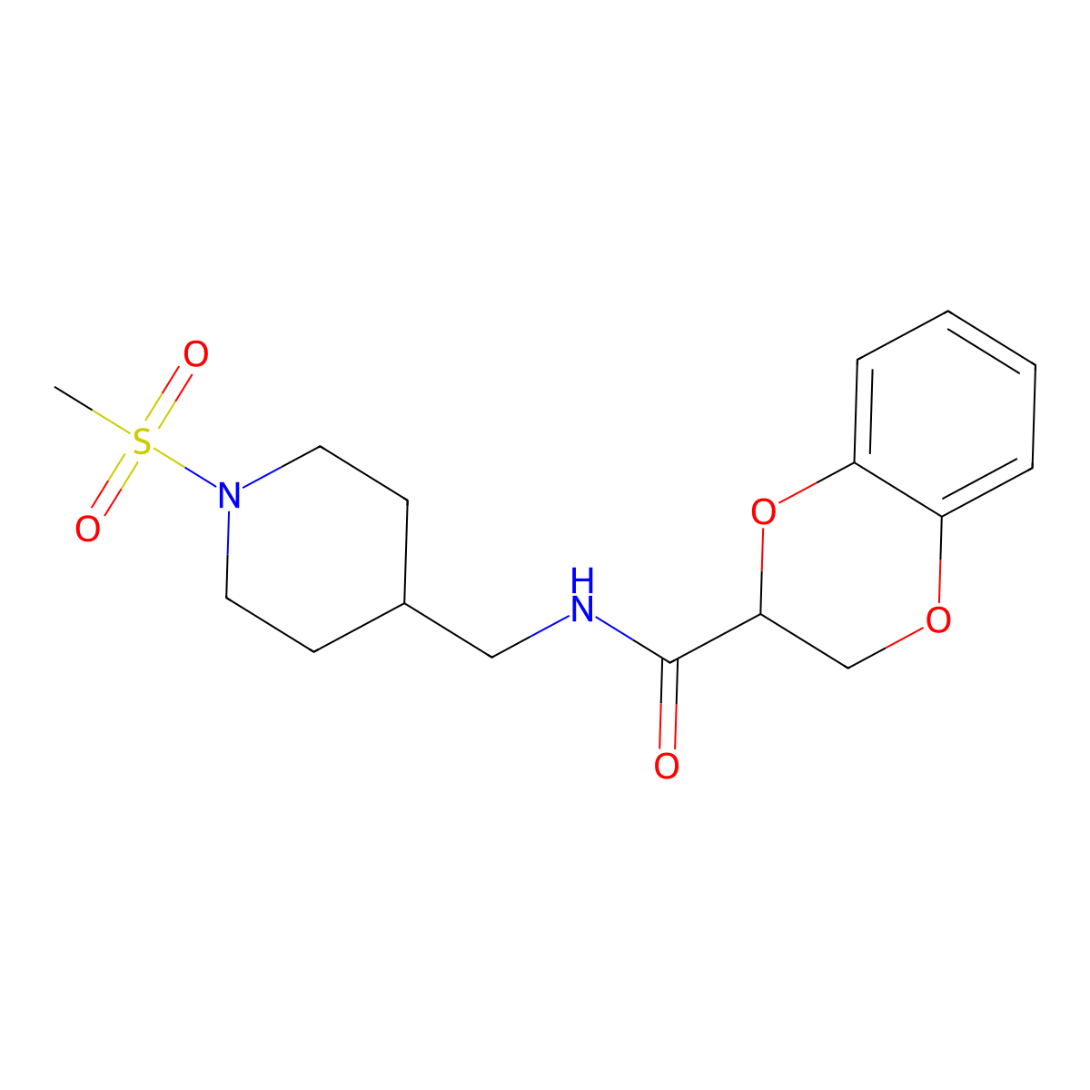 N-((1-(methylsulfonyl)piperidin-4-yl)methyl)-2,3-dihydrobenzo[b][1,4]dioxine-2-carboxamide molecular structure, CAS 1234891-14-5