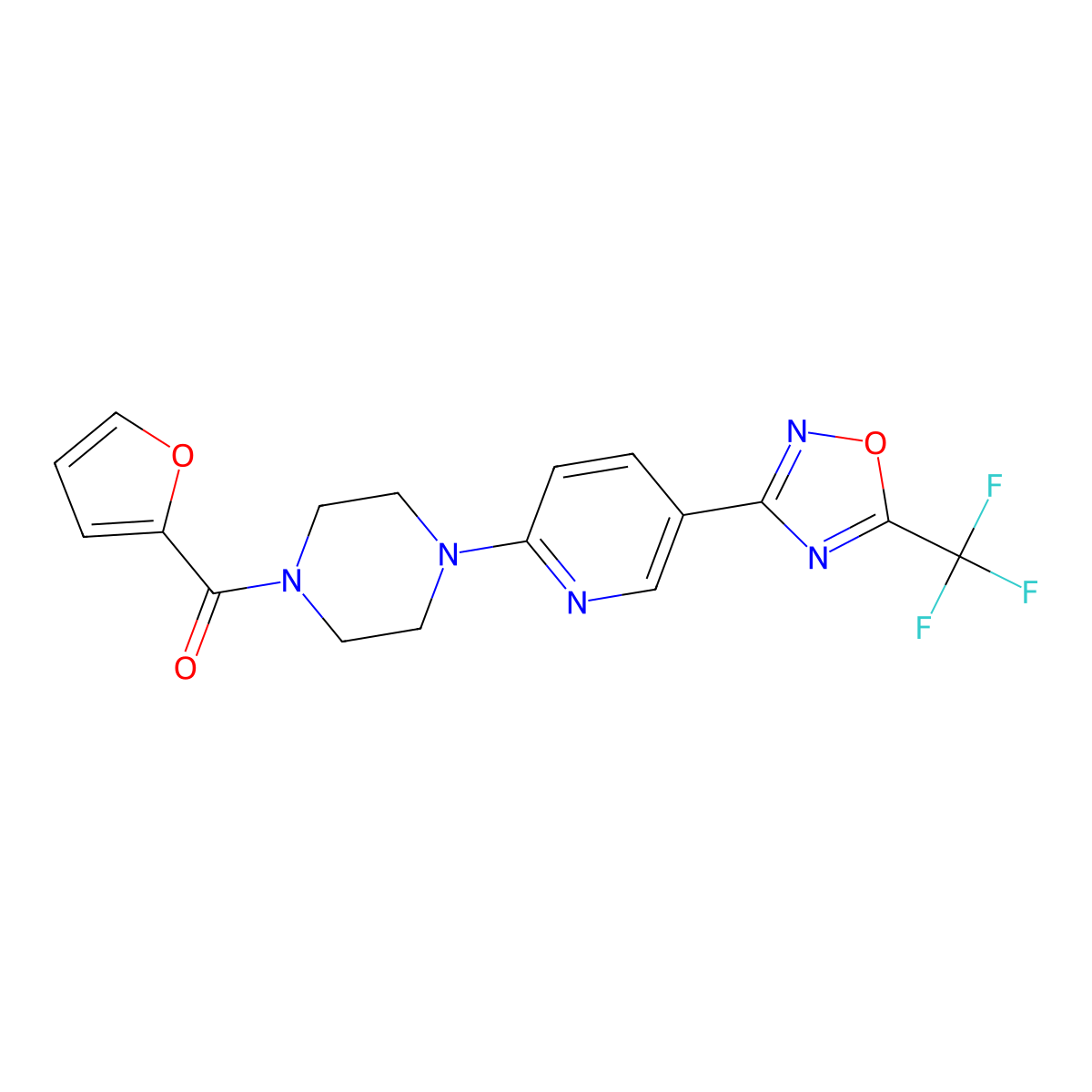 Furan-2-yl(4-(5-(5-(trifluoromethyl)-1,2,4-oxadiazol-3-yl)pyridin-2-yl)piperazin-1-yl)methanone molecular structure, CAS 1234895-37-4