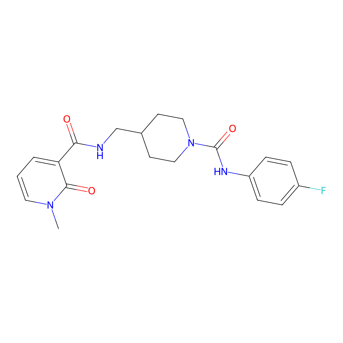 N-((1-((4-fluorophenyl)carbamoyl)piperidin-4-yl)methyl)-1-methyl-2-oxo-1,2-dihydropyridine-3-carboxamide molecular structure, CAS 1234896-12-8