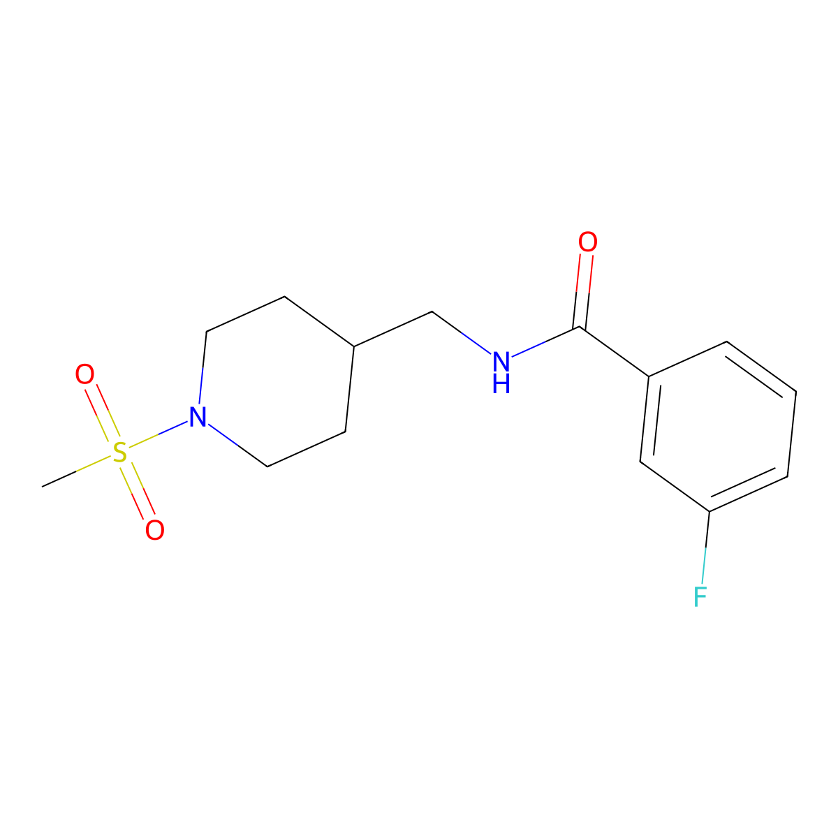 3-fluoro-N-((1-(methylsulfonyl)piperidin-4-yl)methyl)benzamide molecular structure, CAS 1234897-79-0