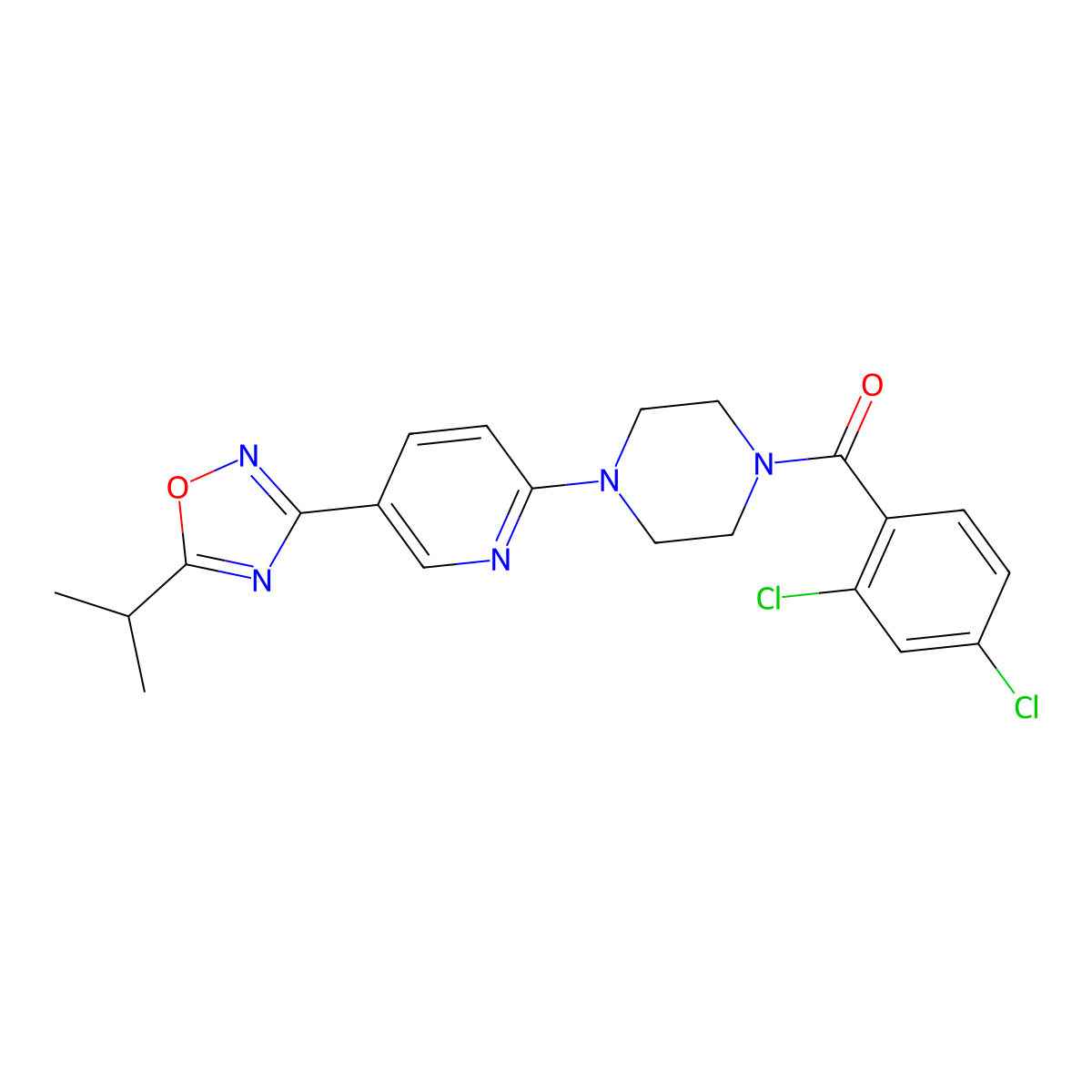 (2,4-Dichlorophenyl)(4-(5-(5-isopropyl-1,2,4-oxadiazol-3-yl)pyridin-2-yl)piperazin-1-yl)methanone molecular structure, CAS 1234899-06-9