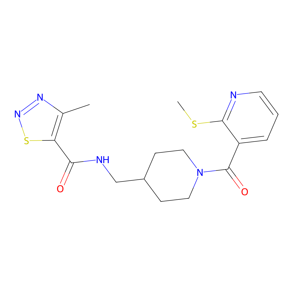 4-methyl-N-((1-(2-(methylthio)nicotinoyl)piperidin-4-yl)methyl)-1,2,3-thiadiazole-5-carboxamide molecular structure, CAS 1234900-30-1