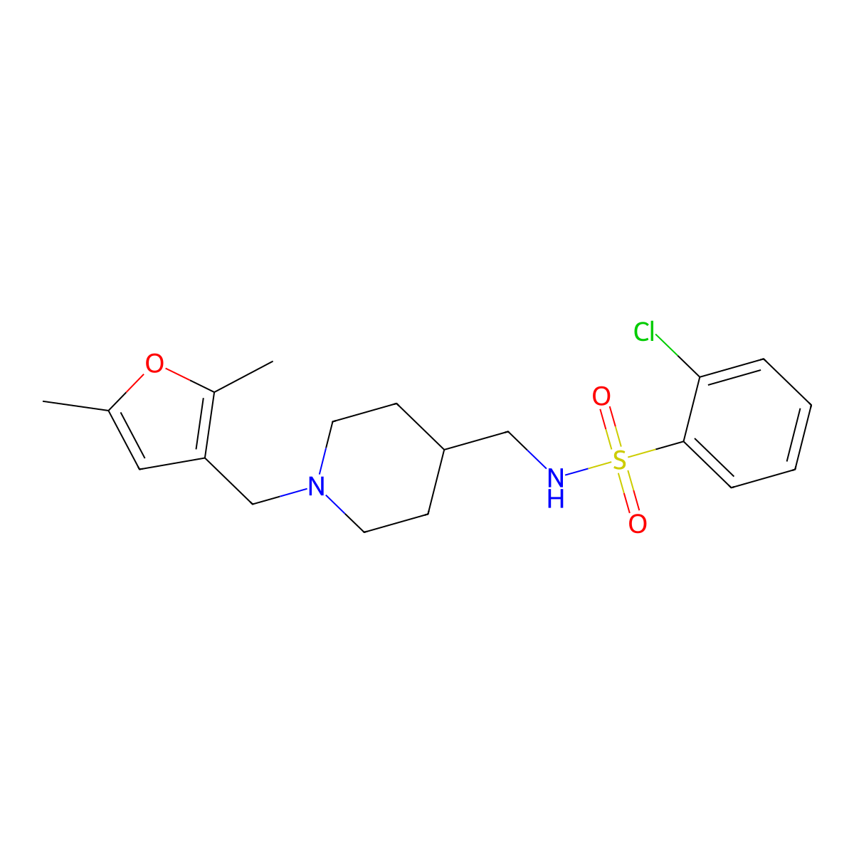 2-chloro-N-((1-((2,5-dimethylfuran-3-yl)methyl)piperidin-4-yl)methyl)benzenesulfonamide molecular structure, CAS 1234902-06-7