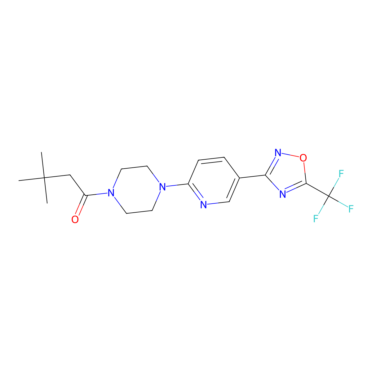 3,3-Dimethyl-1-(4-(5-(5-(trifluoromethyl)-1,2,4-oxadiazol-3-yl)pyridin-2-yl)piperazin-1-yl)butan-1-one molecular structure, CAS 1234902-27-2