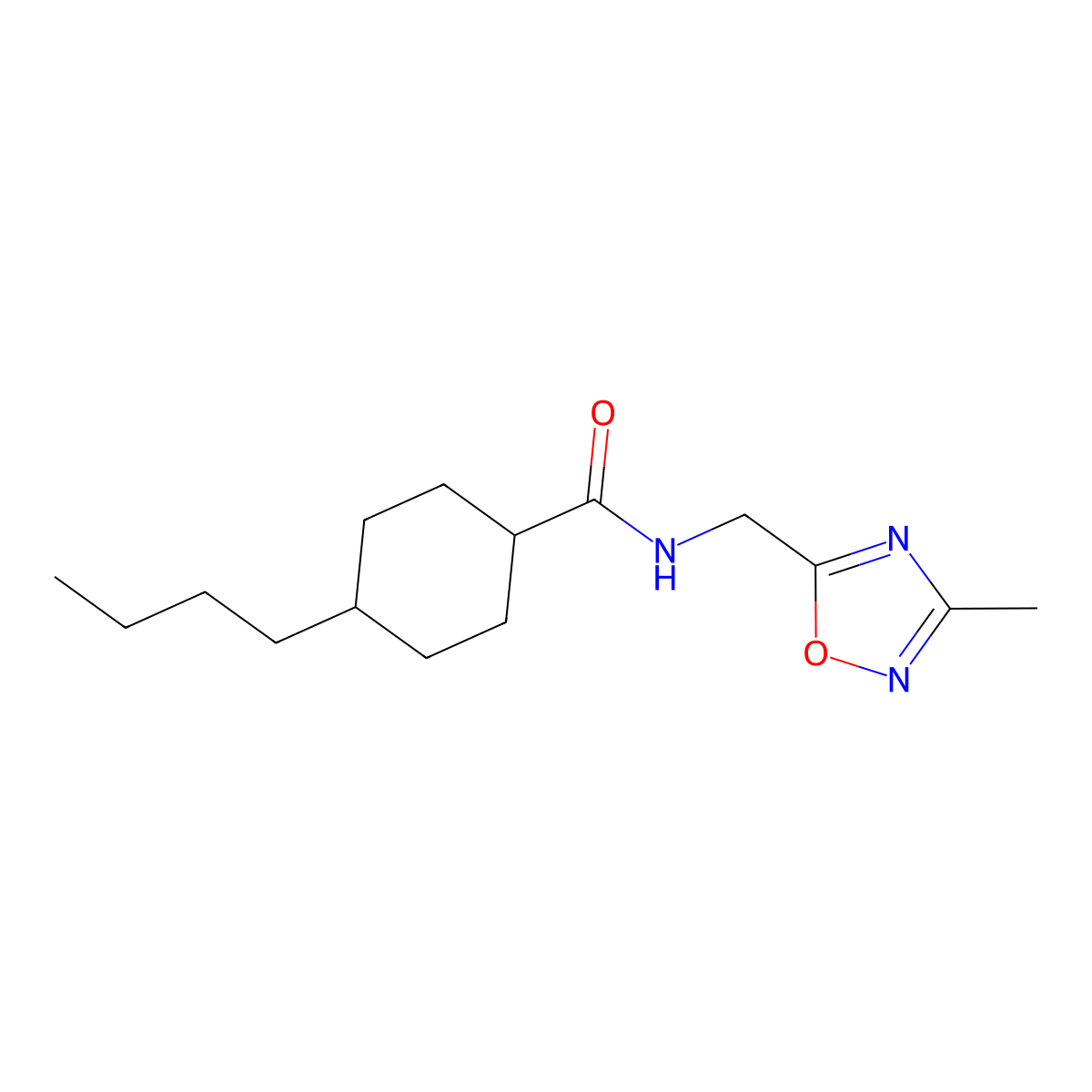 4-butyl-N-((3-methyl-1,2,4-oxadiazol-5-yl)methyl)cyclohexanecarboxamide molecular structure, CAS 1234903-12-8