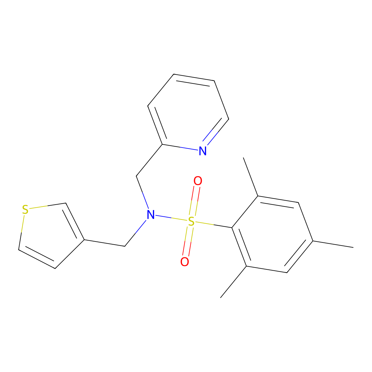 2,4,6-trimethyl-N-(pyridin-2-ylmethyl)-N-(thiophen-3-ylmethyl)benzenesulfonamide molecular structure, CAS 1234910-11-2