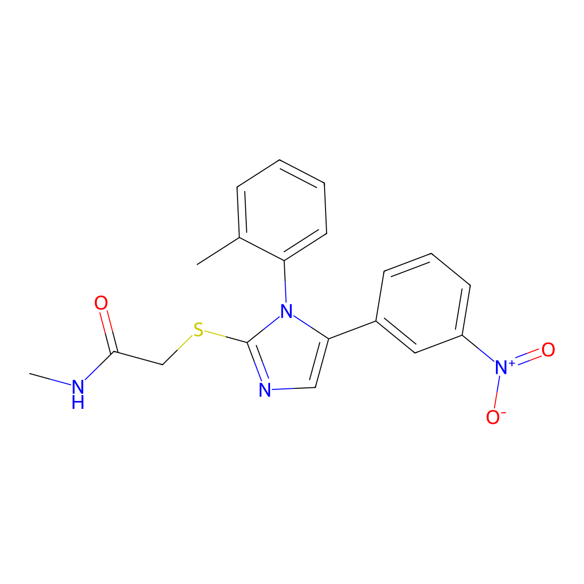 N-methyl-2-((5-(3-nitrophenyl)-1-(o-tolyl)-1H-imidazol-2-yl)thio)acetamide molecular structure, CAS 1234910-58-7