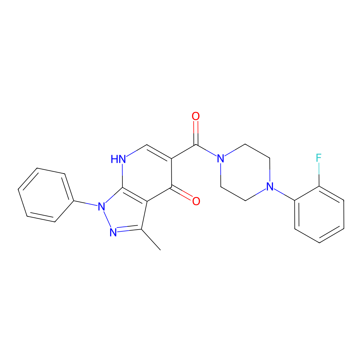 5-(4-(2-fluorophenyl)piperazine-1-carbonyl)-3-methyl-1-phenyl-1H-pyrazolo[3,4-b]pyridin-4(7H)-one molecular structure, CAS 1234911-75-1