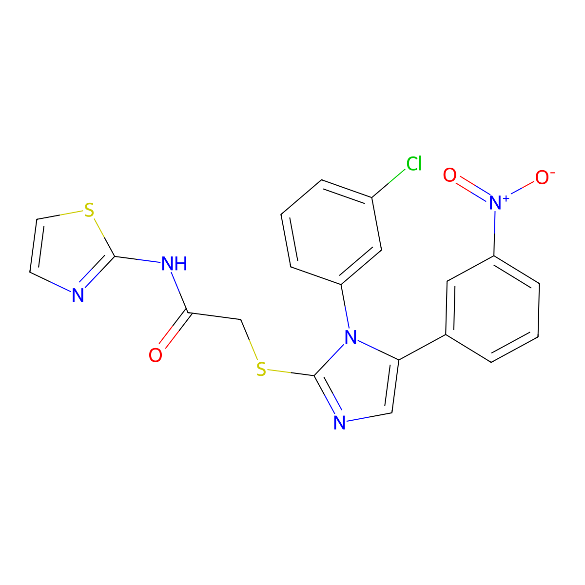 2-((1-(3-chlorophenyl)-5-(3-nitrophenyl)-1H-imidazol-2-yl)thio)-N-(thiazol-2-yl)acetamide molecular structure, CAS 1234920-11-6