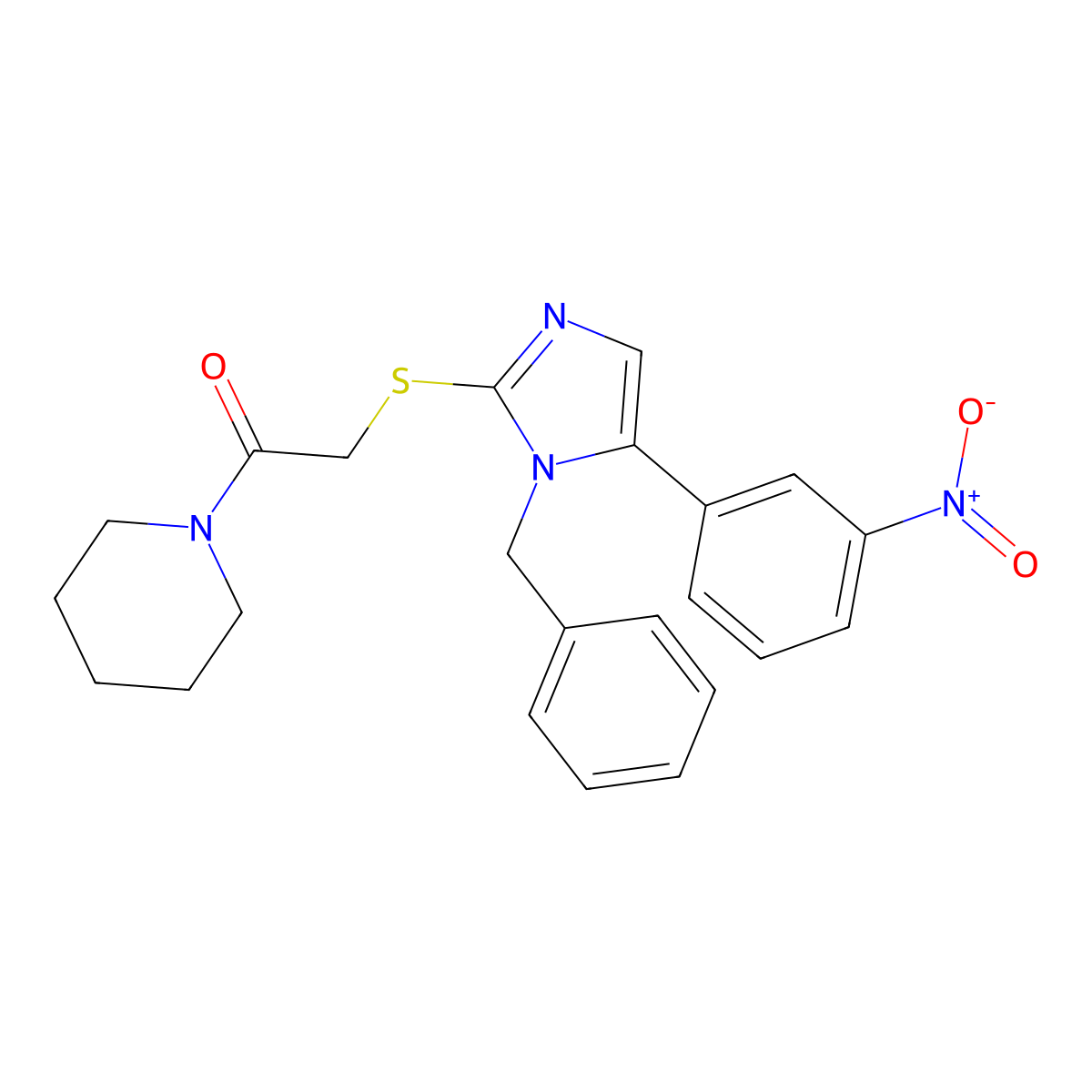 2-((1-benzyl-5-(3-nitrophenyl)-1H-imidazol-2-yl)thio)-1-(piperidin-1-yl)ethanone molecular structure, CAS 1234920-29-6