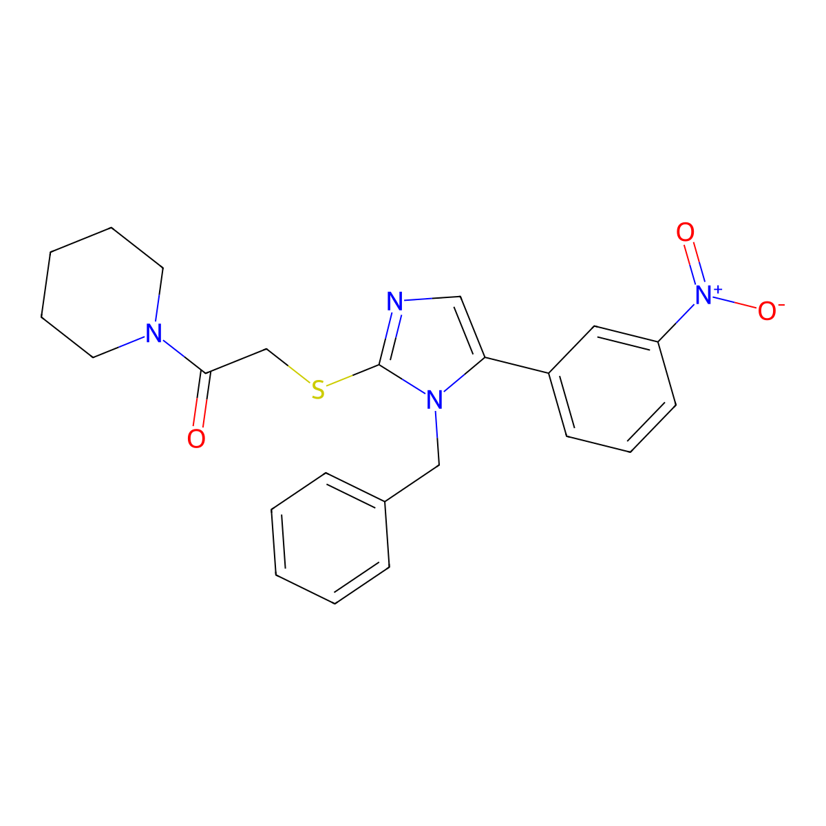 2-((1-benzyl-5-(3-nitrophenyl)-1H-imidazol-2-yl)thio)-1-(piperidin-1-yl)ethanone molecular structure, CAS 1234920-29-6
