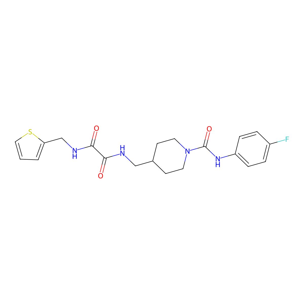 N1-((1-((4-fluorophenyl)carbamoyl)piperidin-4-yl)methyl)-N2-(thiophen-2-ylmethyl)oxalamide molecular structure, CAS 1234920-82-1